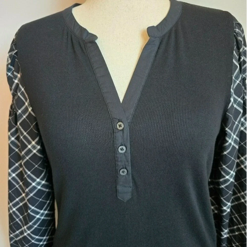 LOFT NEW Black Plaid Henley Mixed Media Blouson Shirt Top SZ Large Academia